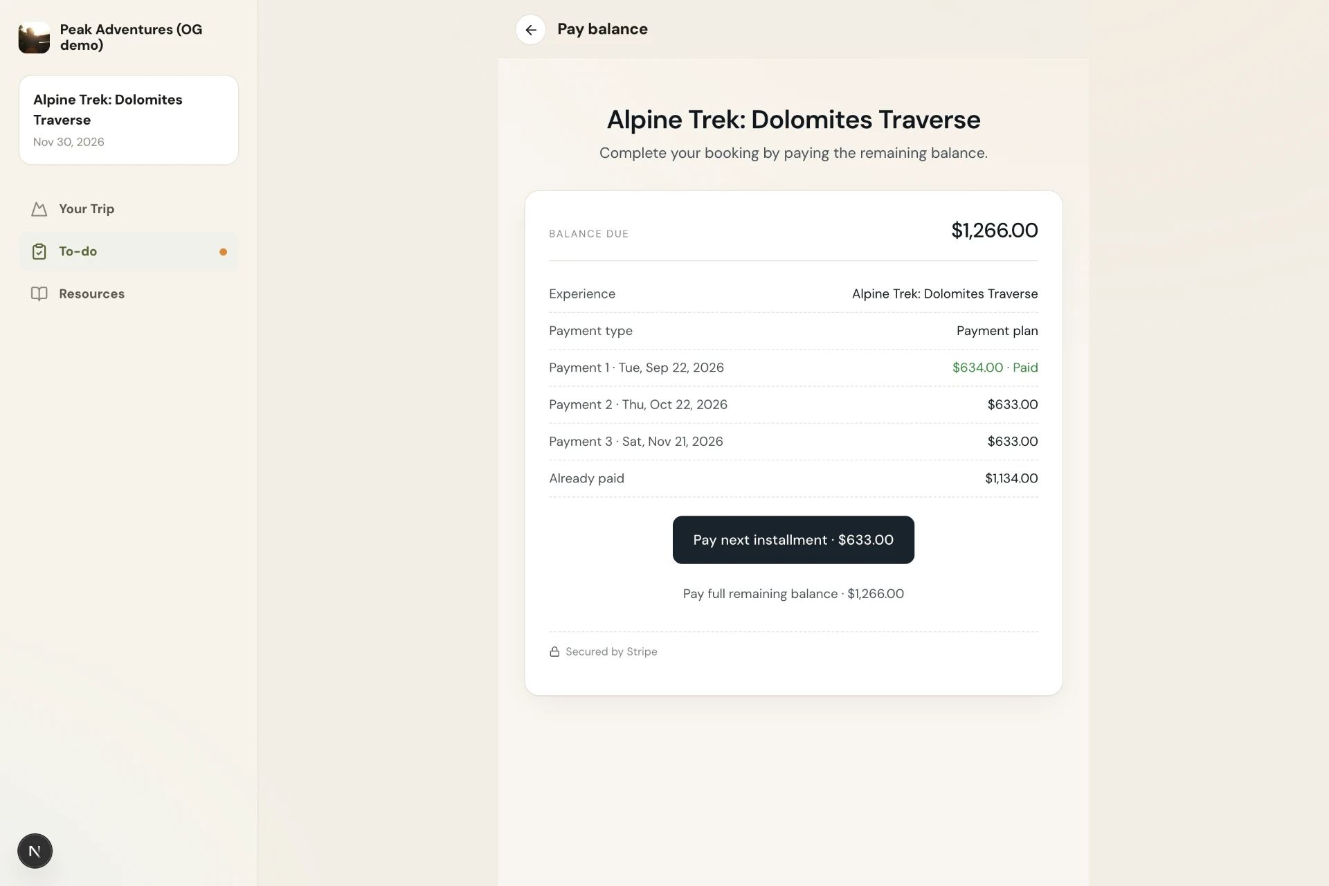 Wayward pay balance screen listing each scheduled payment, the amount already paid, a pay next installment button, and a pay in full option